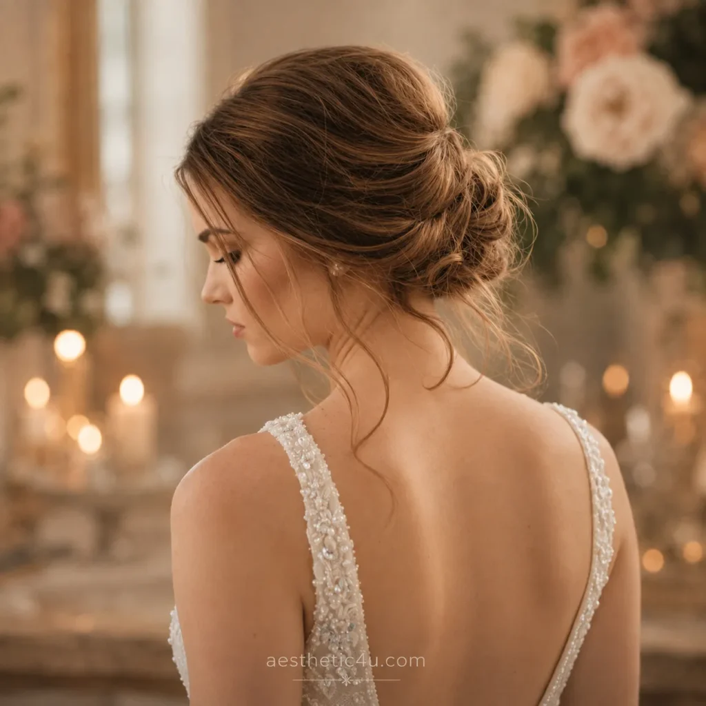Loose low bridal bun with face-framing curls