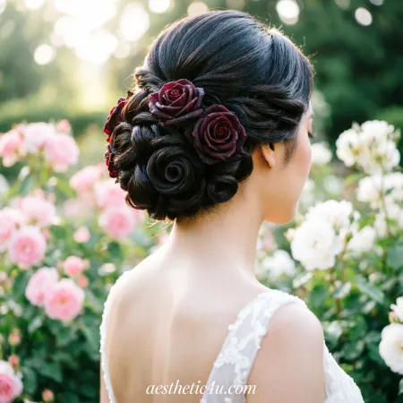 Back view of a bride with a romantic rose bun, sections arranged into soft spiral shapes resembling flower petals, long dark hair, romantic garden setting with diffused light