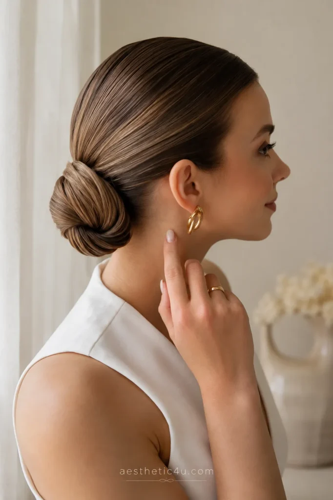 Sleek low bun bridal hairstyle for a modern bride