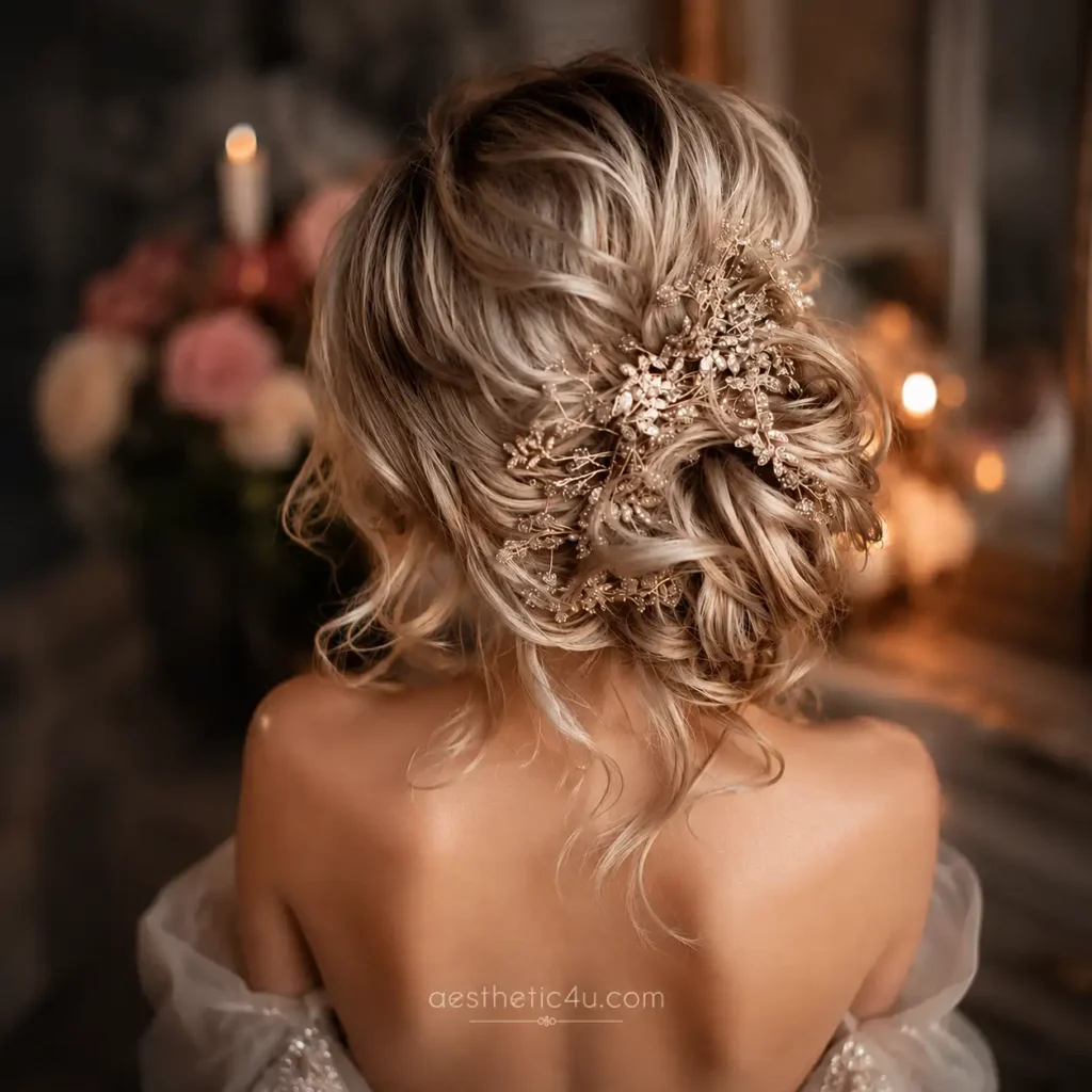 Soft textured bridal updo with romantic volume
