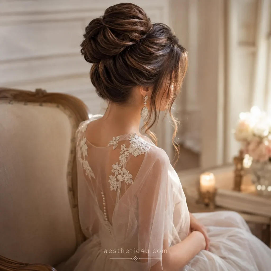 High bridal bun with elegant wedding hairstyle