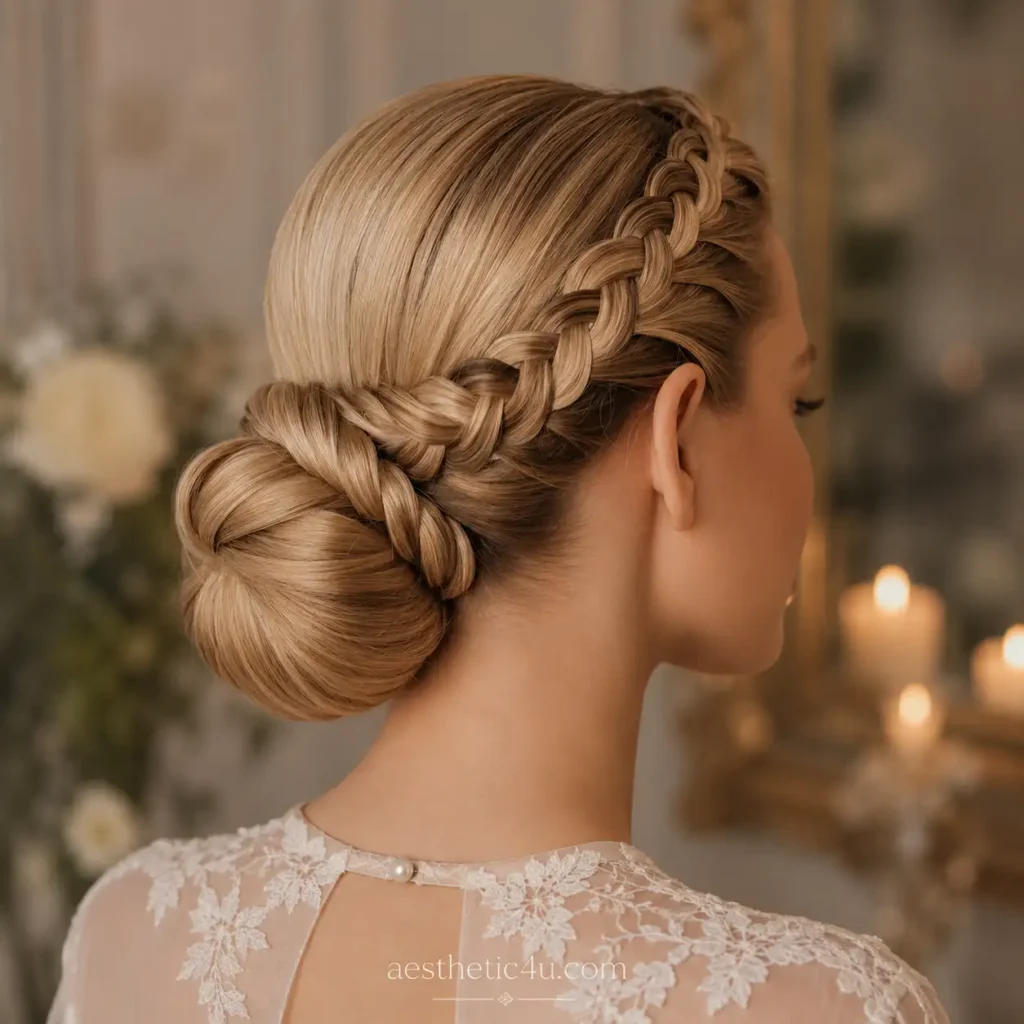 Braided low bun wedding updo for a romantic bride