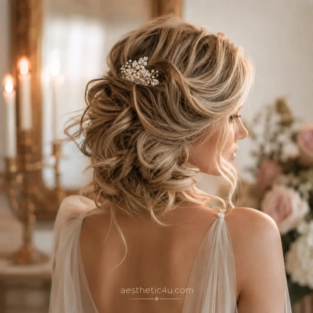 Side-swept bridal updo with elegant curls