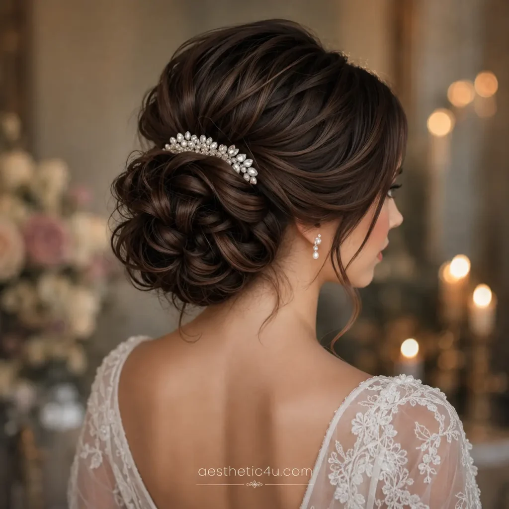Romantic curled bridal updo with soft waves