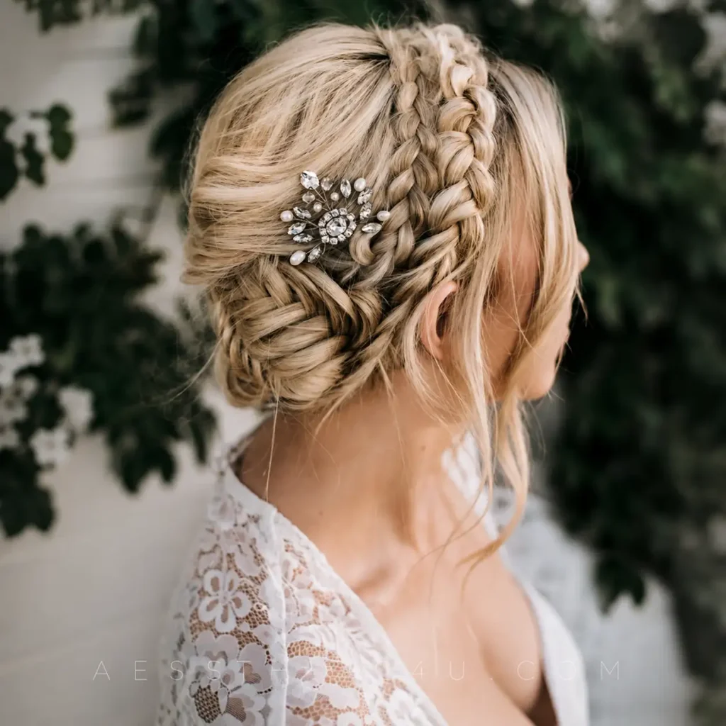 Boho bridal braid with floral wedding hair details