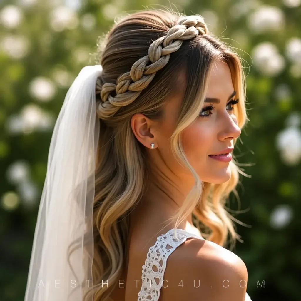 Braided crown with loose waves for a romantic bride