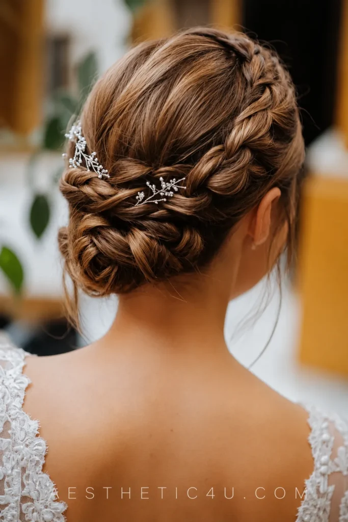 Elegant braided low bun wedding hairstyle