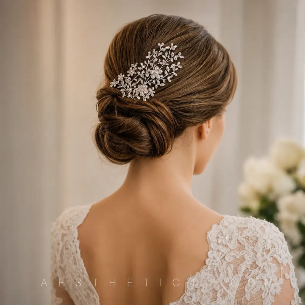 Elegant bridal updo with decorative wedding hair comb