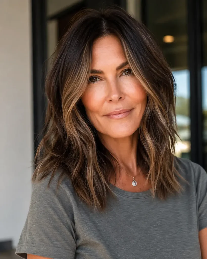 Shoulder-length brunette hairstyle with tousled layers and blonde money-piece highlights
