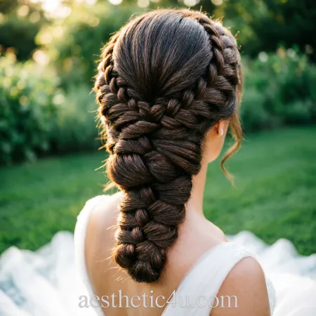 Back view of a bride with a Dutch braided updo, thick braids creating depth flowing into soft bun at nape, outdoor garden setting with natural light and green bokeh.
