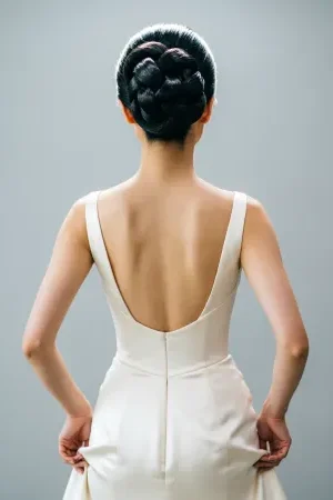  Back view of a bride with an elegant knot bun, architectural overlapping knots, structured satin gown, soft clean lighting with minimalist background.
