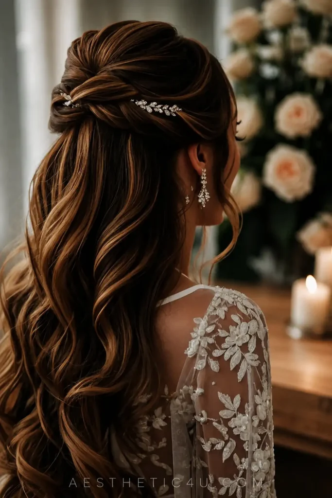 Elegant half-up bridal hairstyle with flowing waves