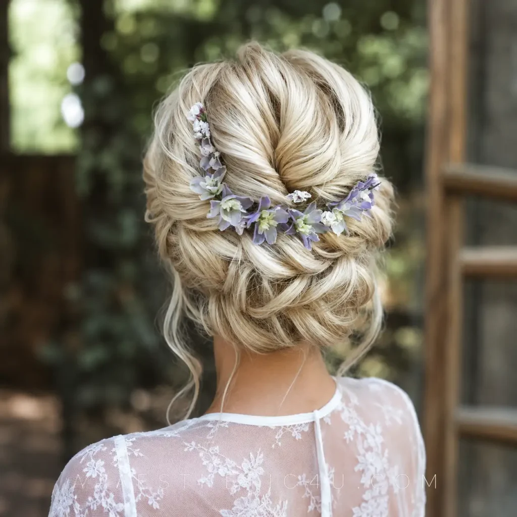 Floral bridal updo with delicate wedding flowers