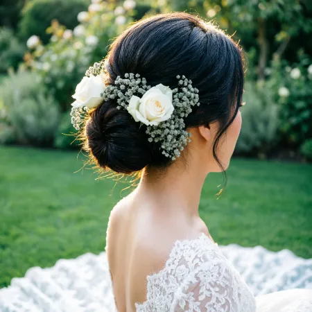 Back view of a bride with a floral bridal updo, fresh white roses and baby's breath tucked into a textured bun, garden wedding with natural outdoor light.
