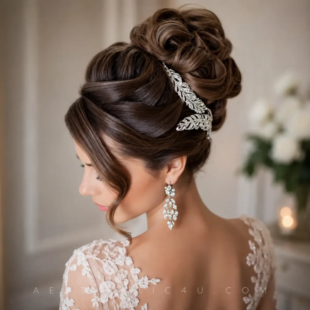 Glamorous voluminous bridal updo for an evening wedding