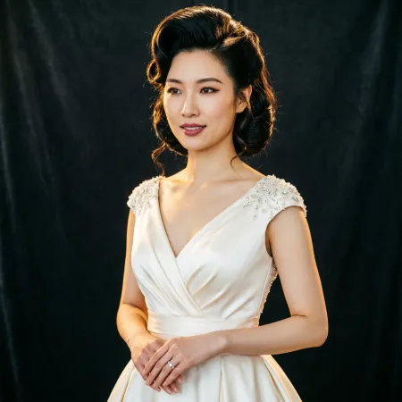 Three-quarter view of a bride with a Hollywood-inspired updo, polished volume, smooth waves framing face, vintage glamour style, satin dress, golden studio lighting.