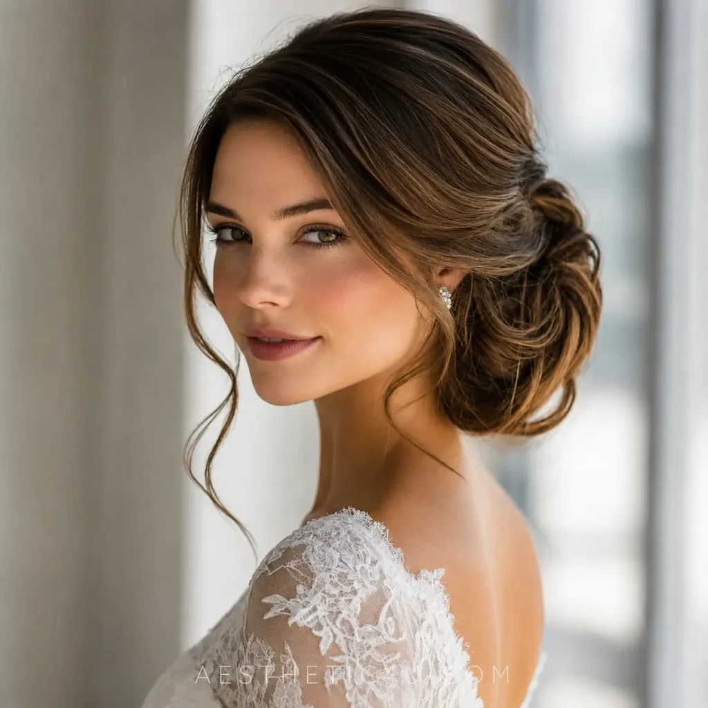 Low bridal bun with soft face-framing pieces