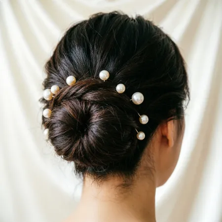 Close-up back view of a simple low bun decorated with scattered pearl pins, natural distribution, soft luxurious finish, ivory silk background with diffused lighting.