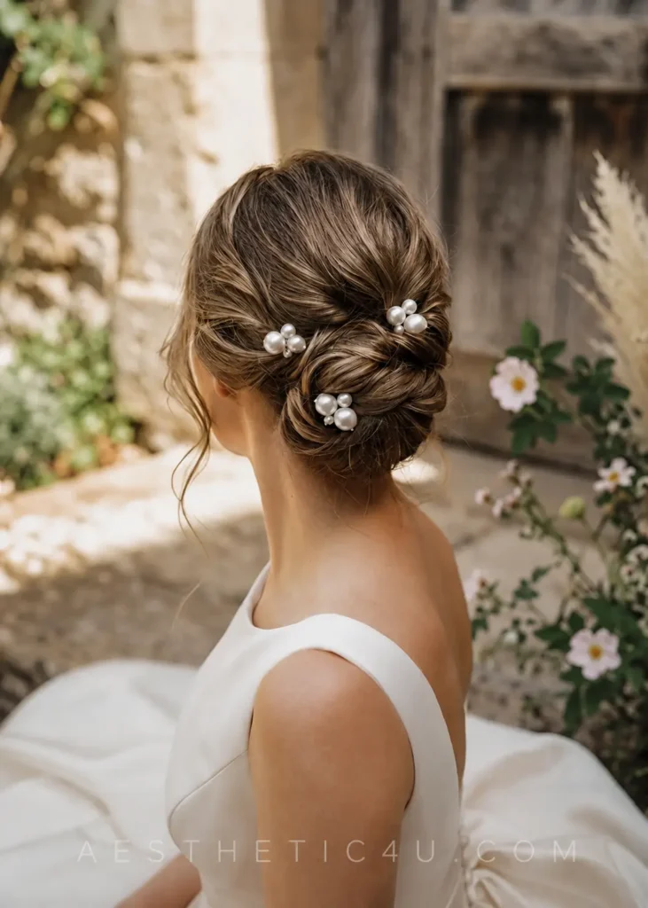 bridal updo decorated with pearl pins