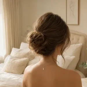 Back view of a bride with a romantic messy bridal bun, soft volume at crown, gentle curls, loose face-framing pieces, elegant bedroom setting with soft daylight.