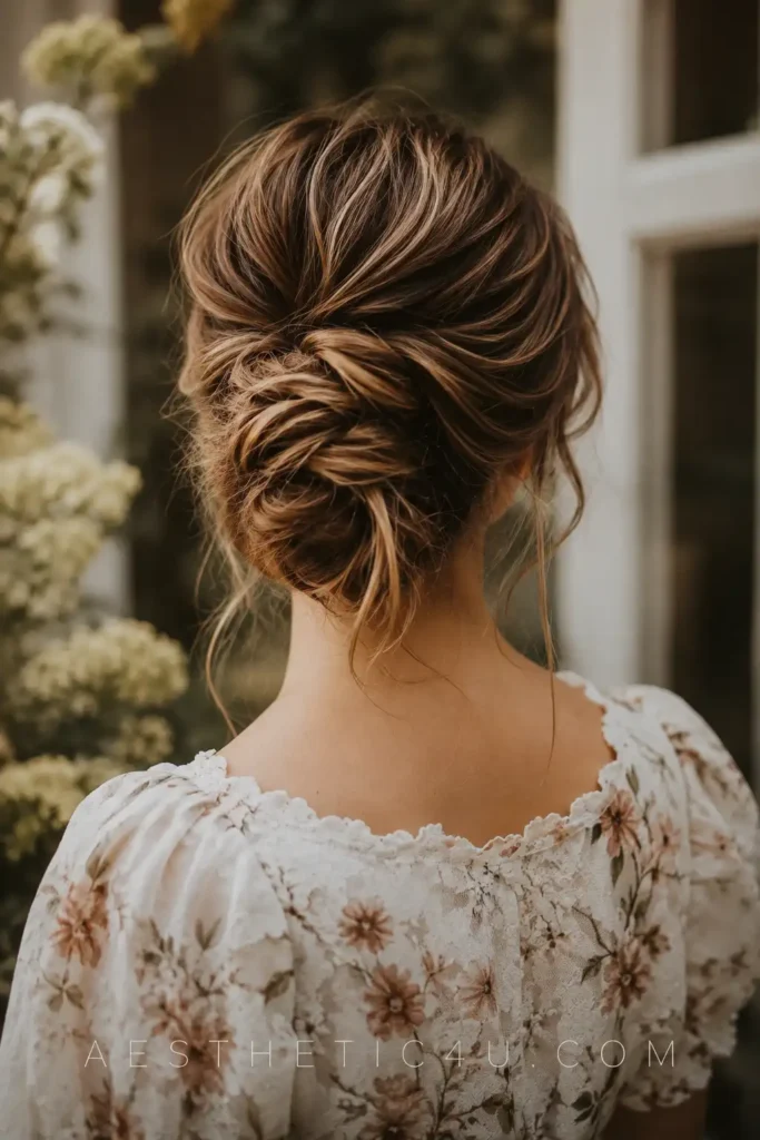 Romantic messy bun bridal hairstyle with soft texture