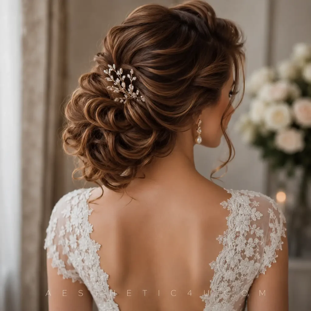 Side-swept curled bridal updo