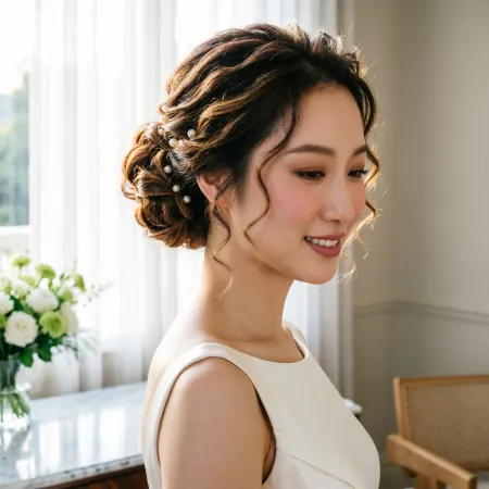 Side profile of a blonde bride with a romantic low chignon hairstyle, soft face-framing strands, pearl earrings, and natural makeup, lit by soft window light in an elegant dressing room.