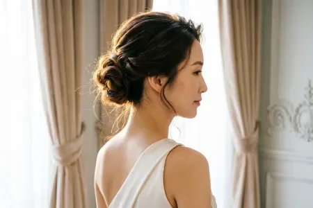 Side profile of a bride with a side-swept bridal bun placed below one ear, graceful silhouette, one-shoulder dress, soft window light in elegant interior.
