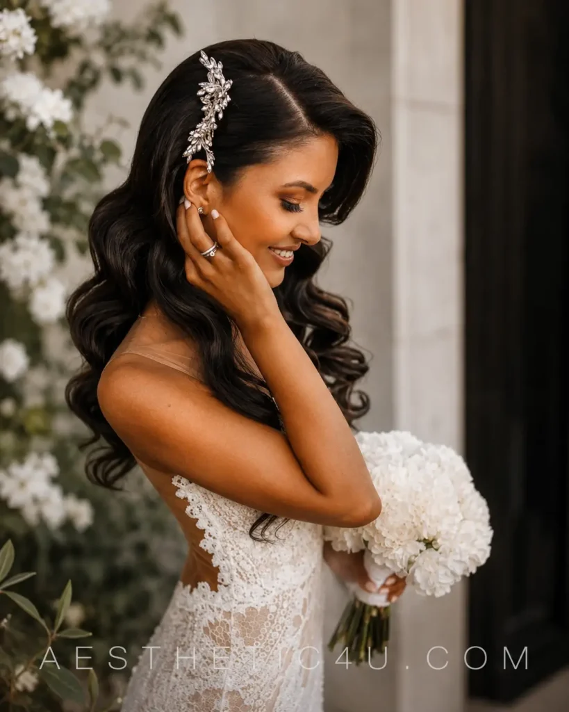 Textured elegant bridal updo with soft volume