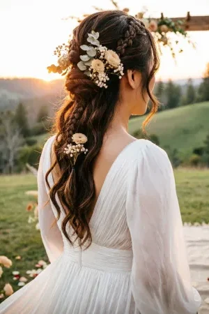 Portrait of a bride with a loose bohemian updo, soft waves, tiny braids, dried flowers, outdoor ceremony at sunset golden hour with natural relaxed pose.