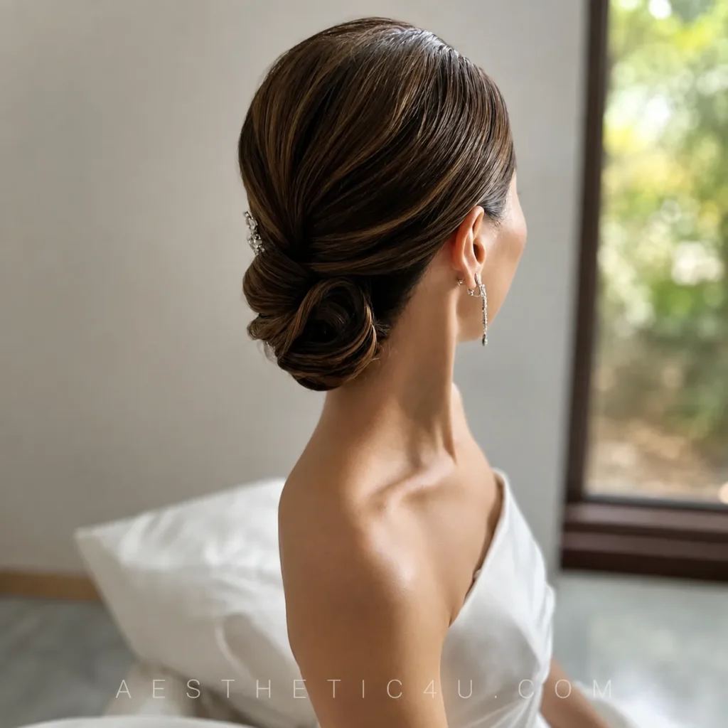 Sleek center-parted chignon for a modern bride