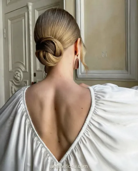 Sleek low bun wedding hairstyle with center part
