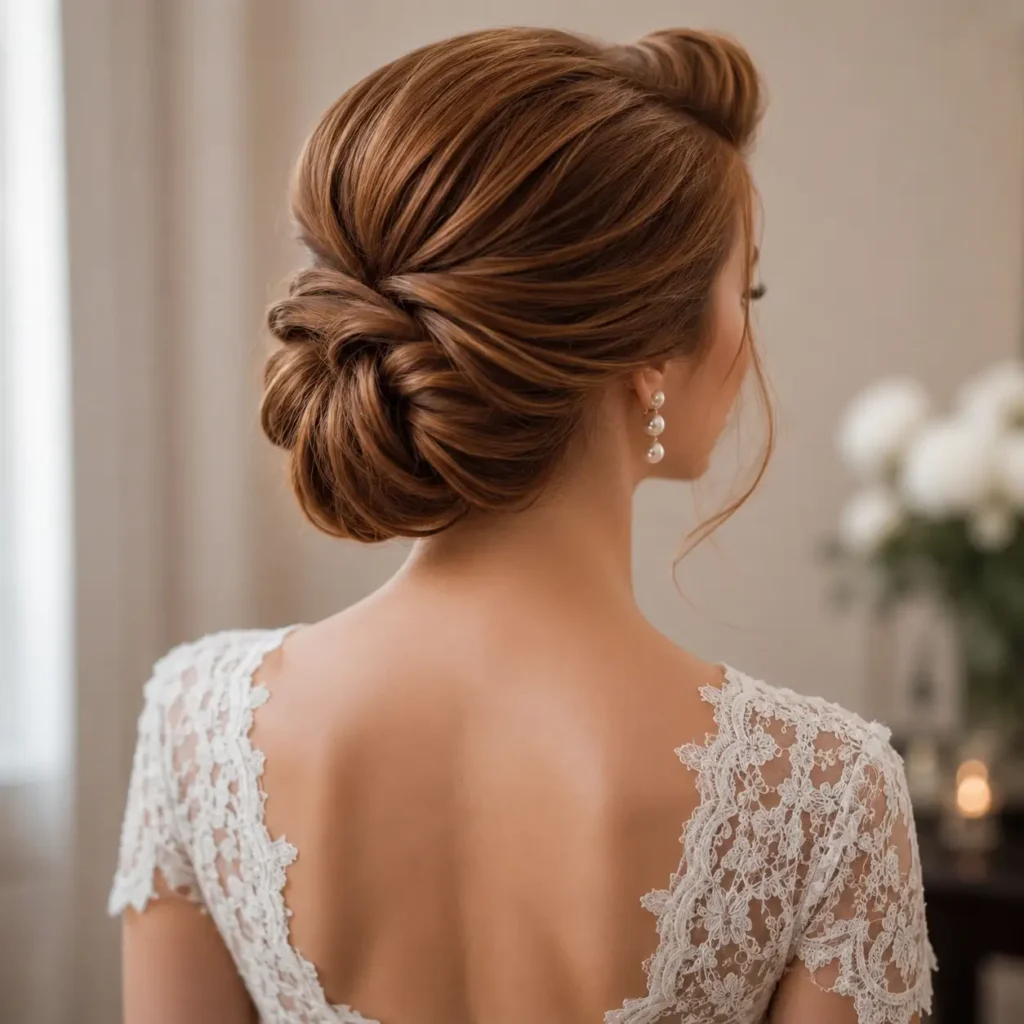 Soft side-parted chignon bridal hairstyle