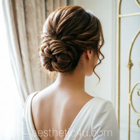  Back view of a bride with a textured low knot, soft movement, gentle volume, subtle twists, natural-looking finish, blurred elegant interior with soft natural light.