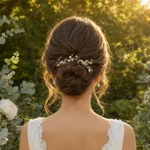 Back view of a bride with a textured bridal bun, medium brown hair with gentle volume and loose pieces, outdoor garden wedding setting with golden hour sunlight and greenery bokeh.