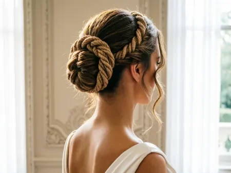 Back view of a bride with a twisted rope bun, rope-like twists, loose strands around face, satin gown, soft window light in elegant interior.
