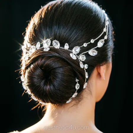 Close-up back view of a crystal bridal bun, simple bun decorated with crystal accessories, sparkling but elegant, evening wedding with soft dramatic lighting.
