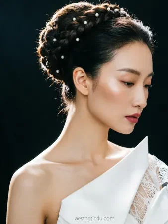 Side profile of a bride with a sculptural bridal updo, artistic architectural design, fashion-forward avant-garde style, dramatic studio lighting against dark background.