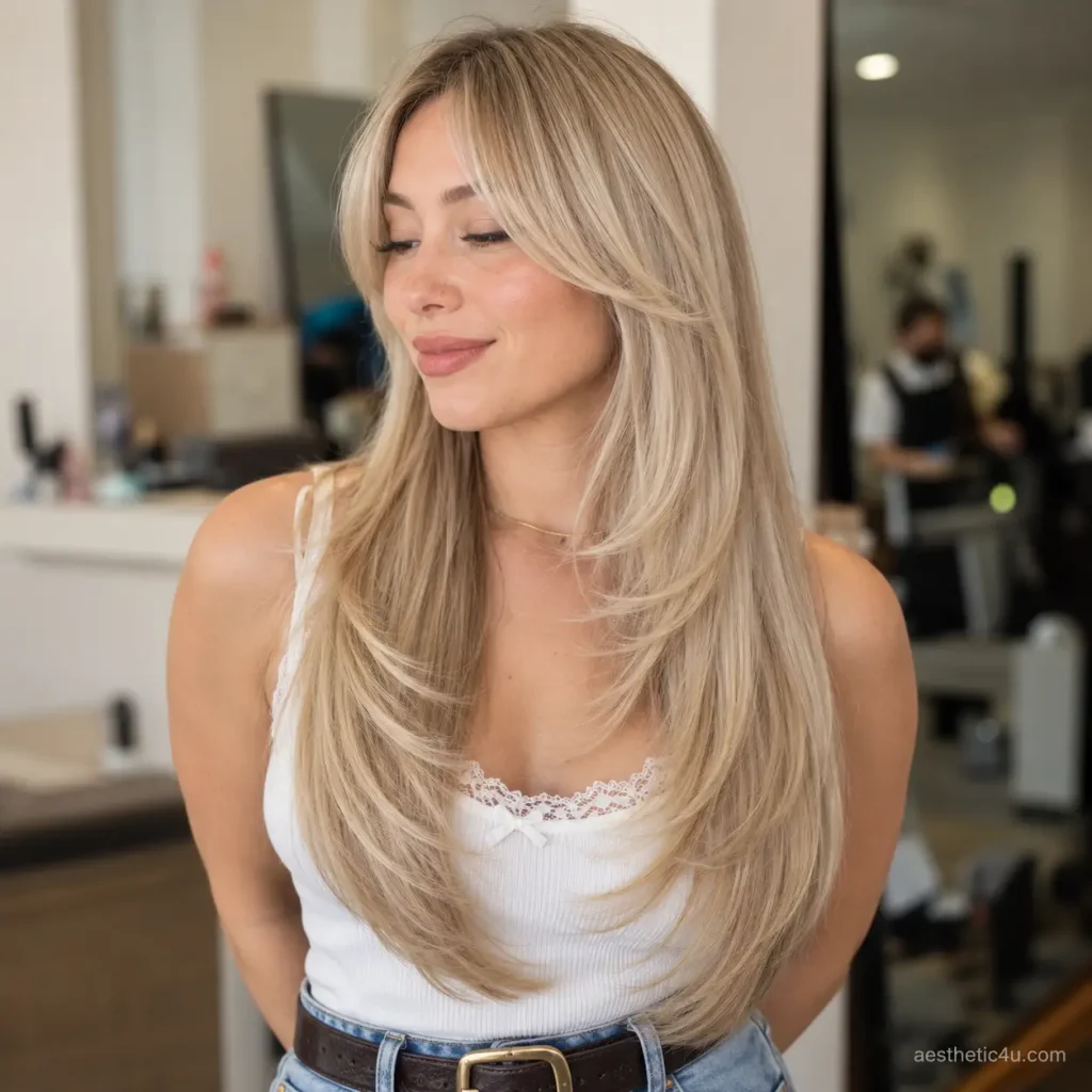1. Soft Long Layers with Classic Curtain Bangs