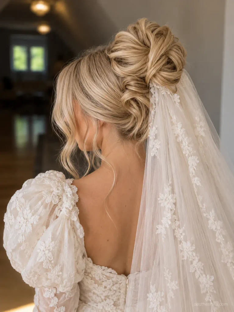 10. Messy Side-Swept Updo With Veil