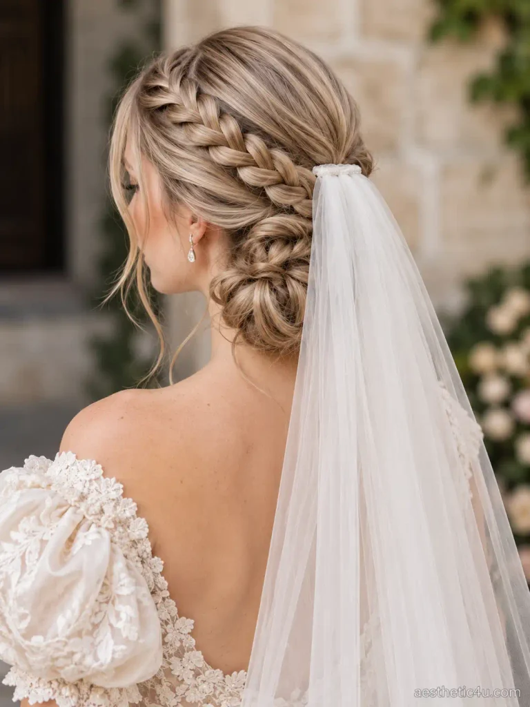 11. Braided Updo With Side Veil