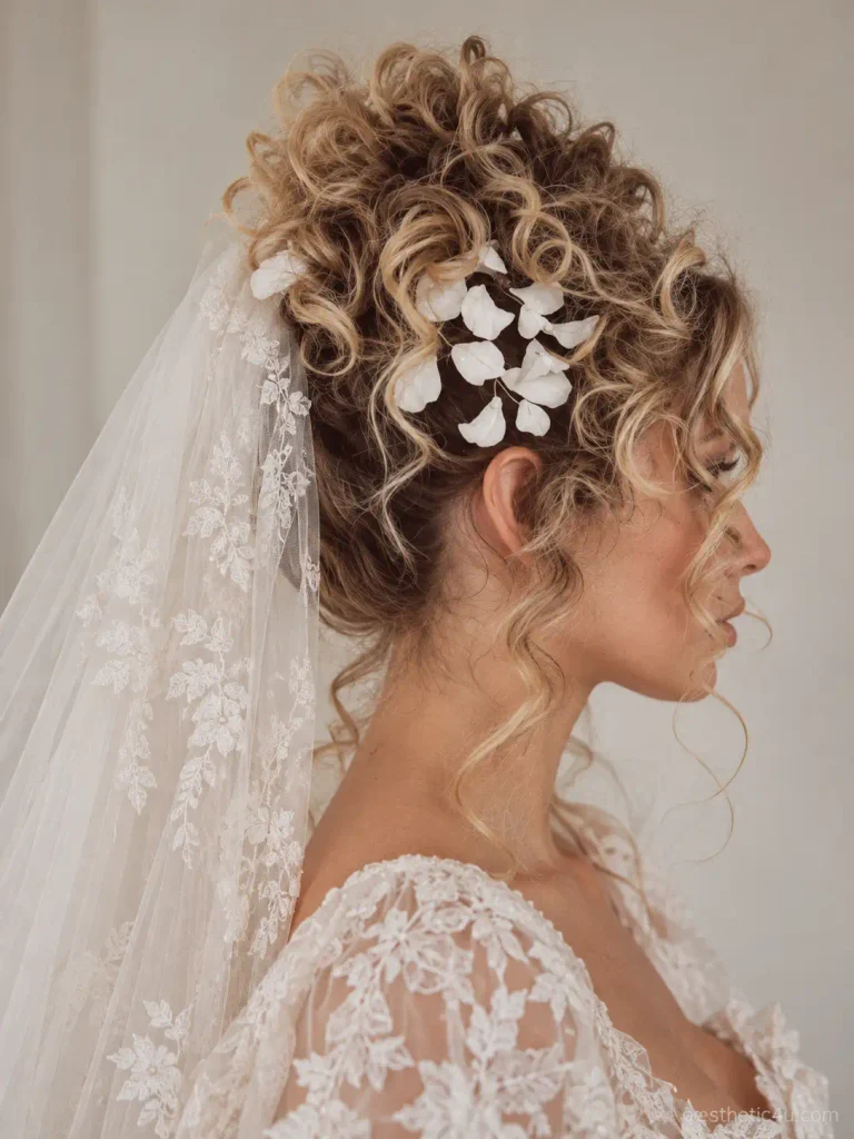 12. Messy Curly Updo With Veil