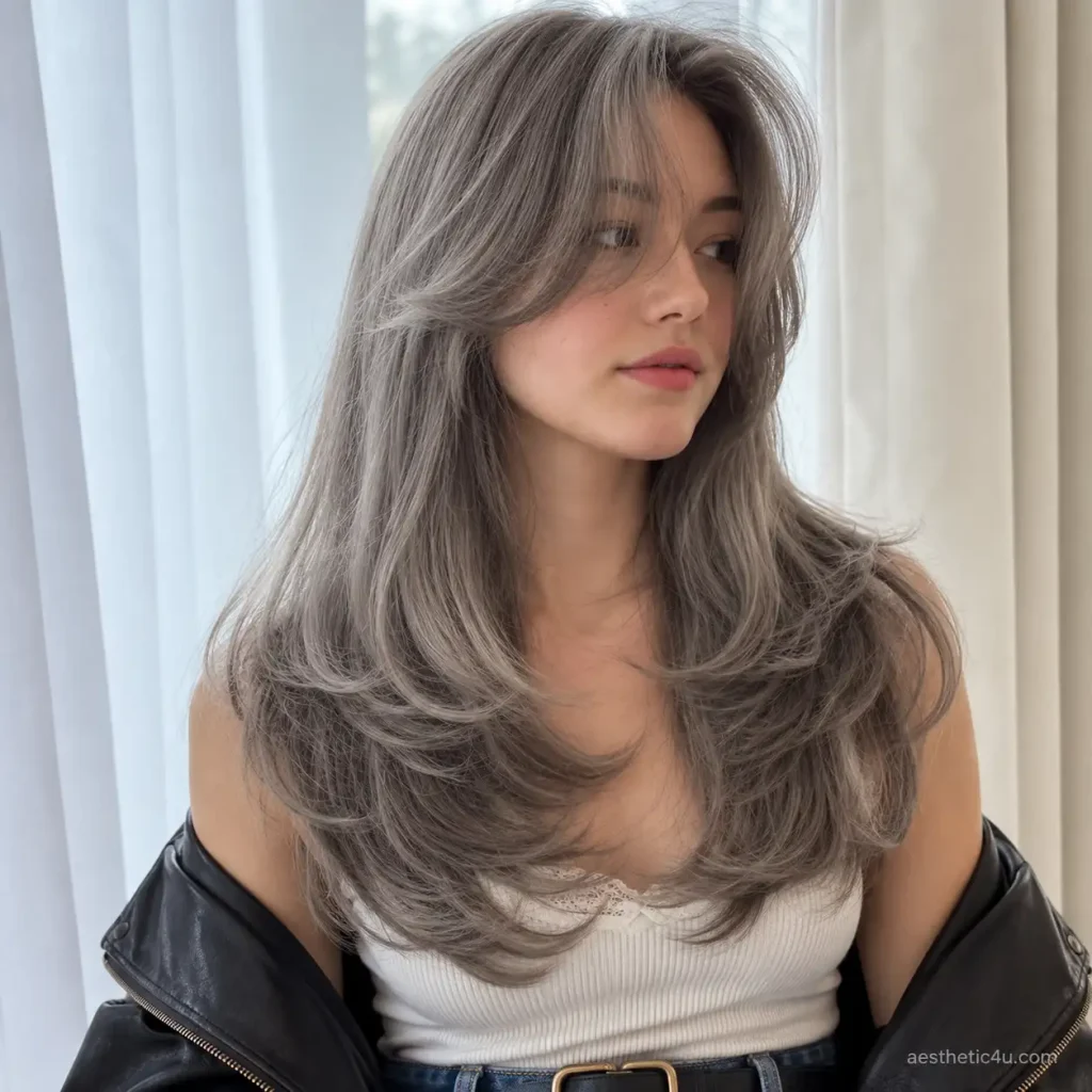 13. Middle-Part Long Layers with Curtain Bangs