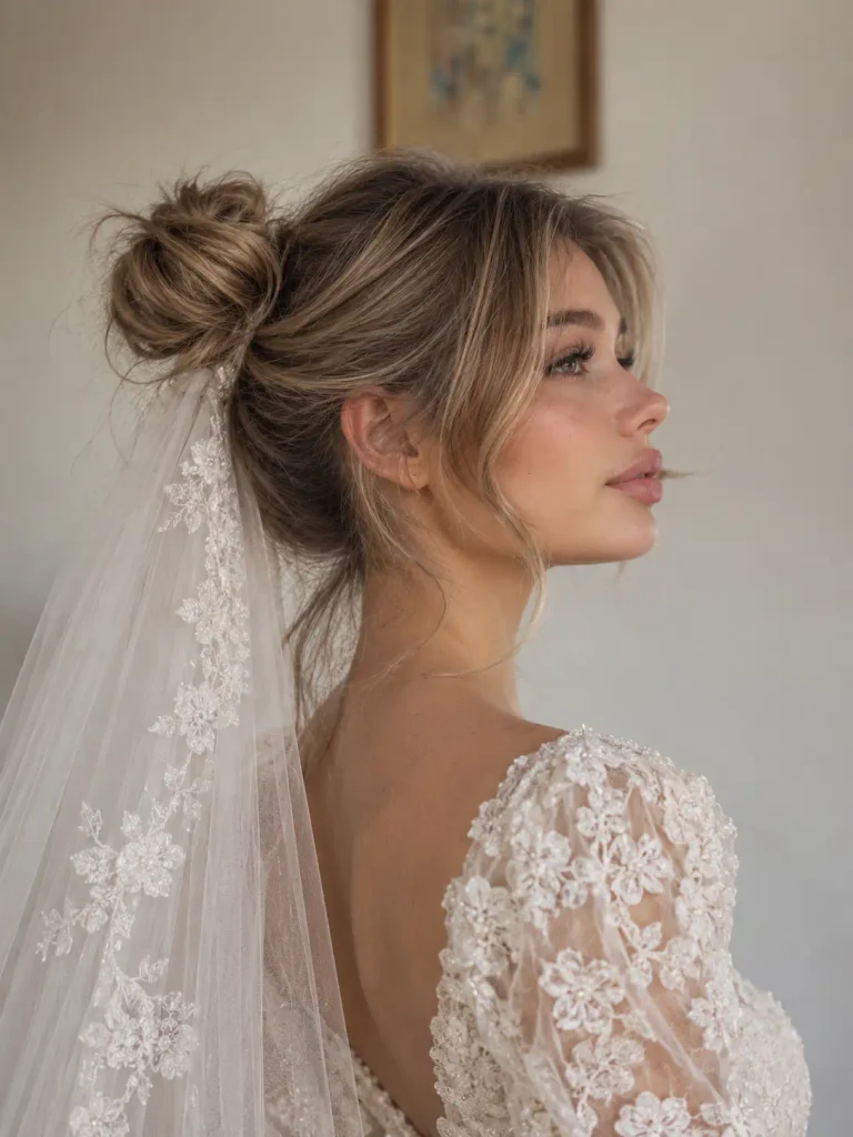 16. Messy Bun With Long Veil
