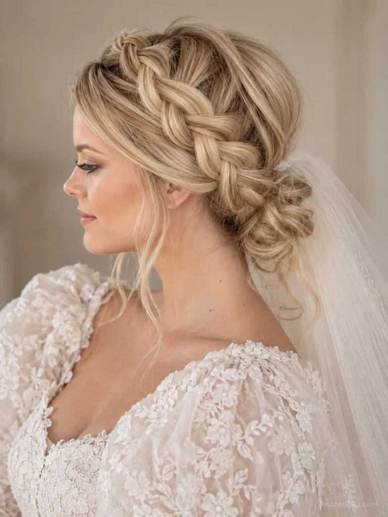 16. Messy Updo With Side Braid