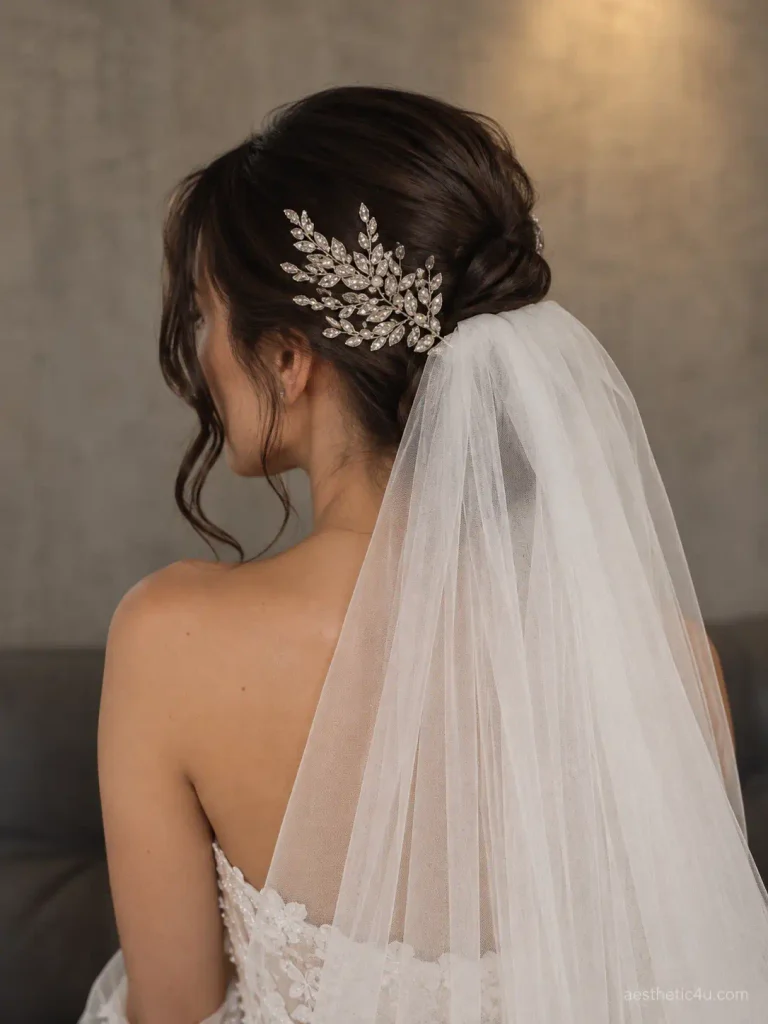 20. Bridal Updo With Headpiece and Veil