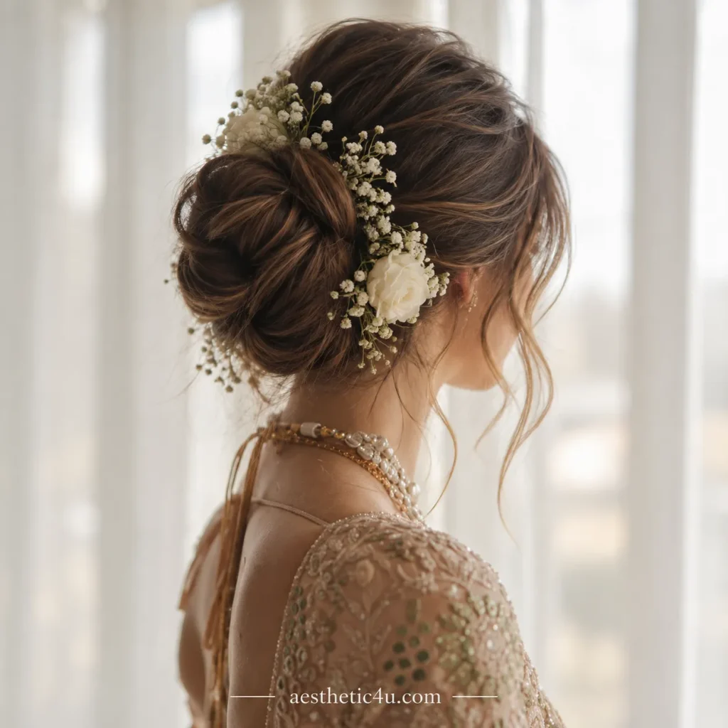 Messy Bun With Tiny Flowers