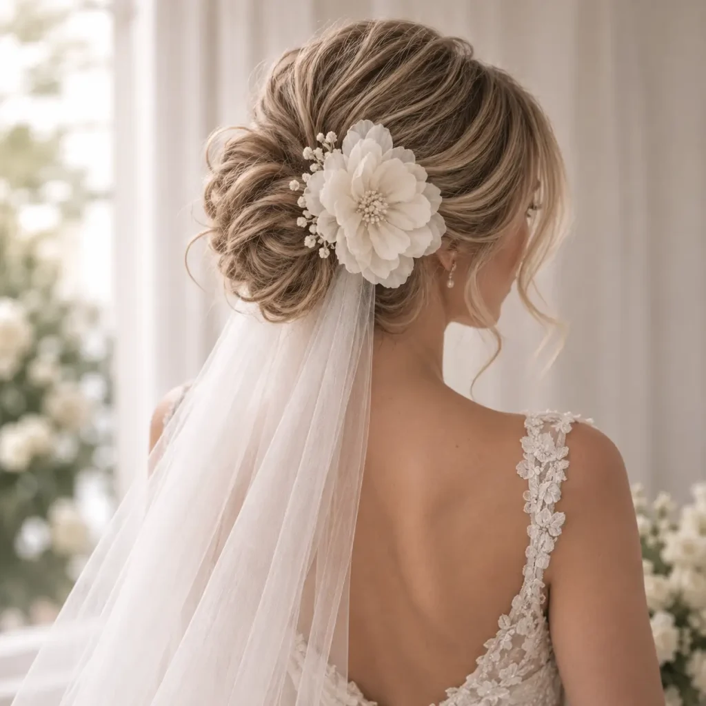 . Layered Updo With a Long Veil