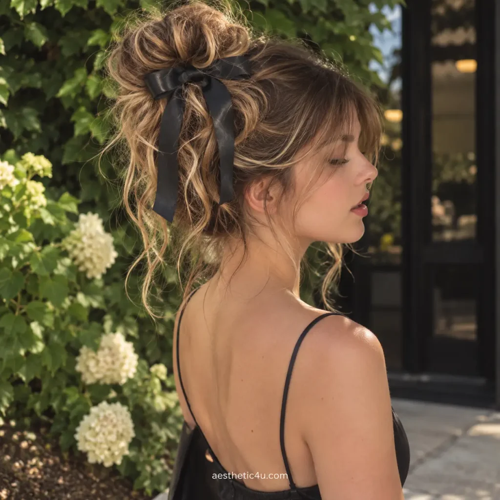 Soft Messy Bun With a Satin Bow