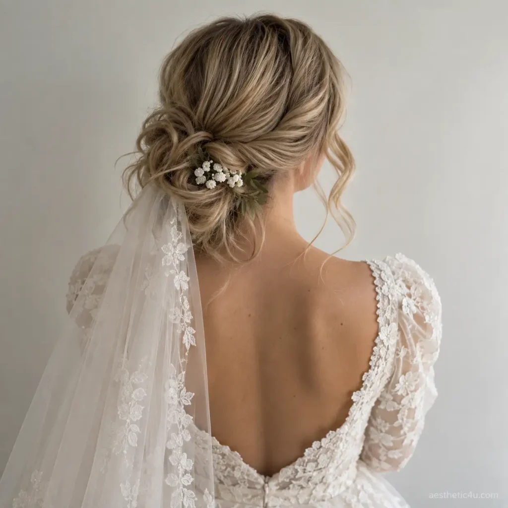 3. Messy Low Bun With Veil